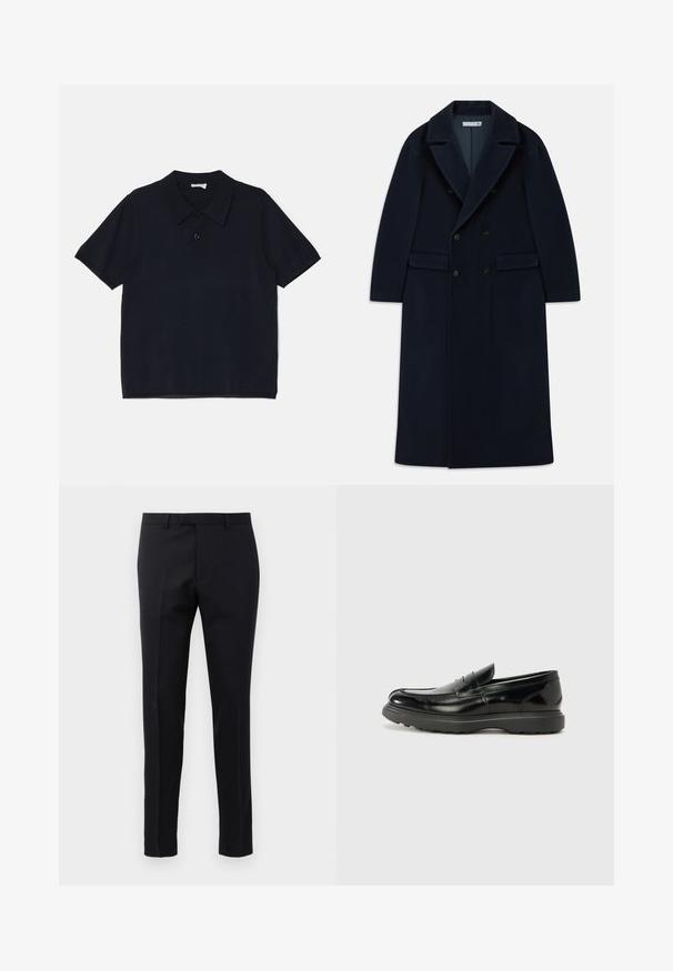 Tumedast sinine kahepaneelne pikk villane mantel laiate klappidega ja flapi taskutega, mis on mõeldud külmade ilmade jaoks.; Musthave musta lühikeste varrukatega polo särk, mis on valmistatud pehmest ja kergest kangast. Omab klassikalist kraed ja esipaneeli nööpide sulgemist.; Mustad ametlikud püksid, mis on valmistatud siledast kangast, omavad kohandatud disaini otse jalgadega, vööaasade ja lamedate esiosadega.; Must musta nahk loafer läikiva viimistlusega, ümar varvas, delikaatsed õmblusdetailid ja paks kummist tallad vastupidavuse tagamiseks.