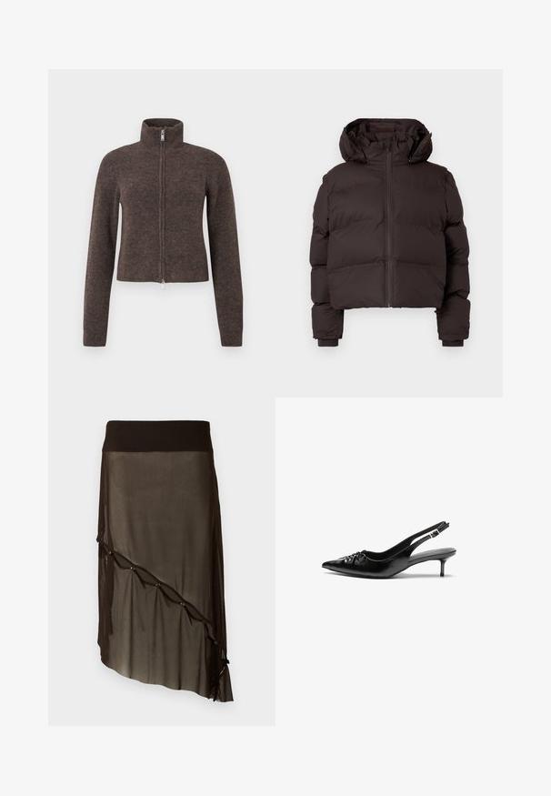 Σκούρο καφέ παλτό χειμώνα με κουκούλα, μπροστινό φερμουάρ και ribbed μανσέτες σε ανοιχτό γκρι φόντο.; Καφέ πουλόβερ με φερμουάρ, υψηλός γιακάς και εφαρμοστή γραμμή. Κατασκευασμένο από απαλό, υφασμένο υλικό με υφή. Διαθέτει μακριά μανίκια και cropped μήκος.; Μαύρο τοπ χωρίς ώμους φτιαγμένο από μαλακό, ελαστικό ύφασμα, με ραμμένες λεπτομέρειες και σχέδιο φαρδιάς τιράντας από τη μία πλευρά.; Μαύρη διχτυωτή φούστα με στενή ζώνη, ασύμμετρο στρίφωμα, διακοσμητικά κουμπιά στο μπροστινό μέρος και επίπεδη διαφάνεια με επάλληλες υφές.; Μαύρα δερμάτινα τακούνια slingback με尖尖 toe, μικρό kitten heel και διακοσμητική λεπτομέρεια με κόμπο στο μπροστινό μέρος. Λείος υφή σε όλη την επιφάνεια.