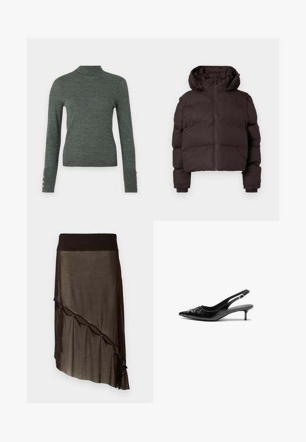 Tumši brūns apkakles ziemas jakas ar kapuci, priekšējais rāvējslēdzis un ribota aproces uz gaiši pelēka fona.; Tumši zaļš augstā apkakles džemperis ar garām piedurknēm, ar zelta pogu akcentiem pie piedurknēm un gludu, vieglu tekstūru.; Melnā caurspīdīgā svārku kleita ar stingru jostu, ar viļņotu apdari, kas rotāta ar mazām dekoratīvām pērļu uzliktēm vienā pusē.; Melni ādas sandales ar norādītu pirkstu, mazu kaķa papēdi un dekoratīvu mezglu detaļu priekšā. Gluda tekstūra visā virsmā.