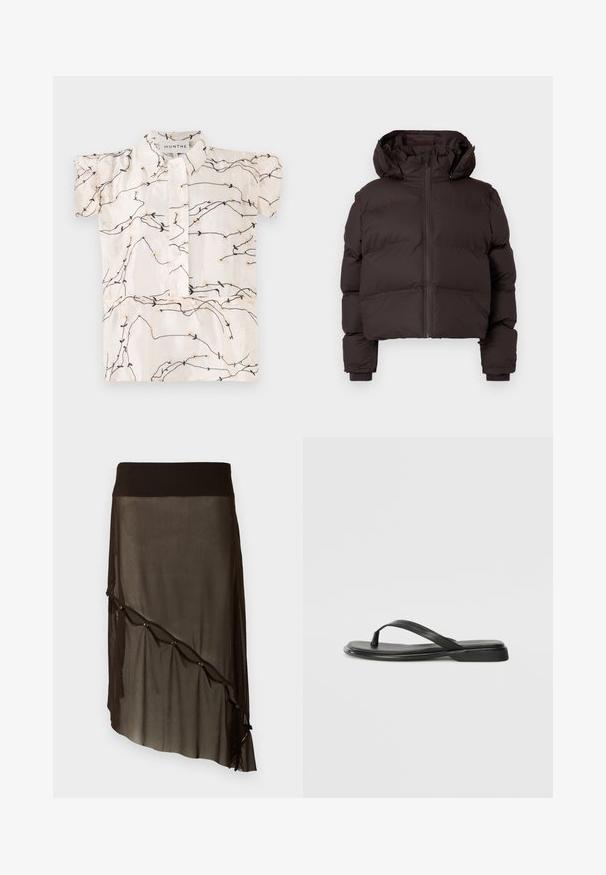 Giacca invernale imbottita marrone scuro con cappuccio, zip frontale e polsini a coste su uno sfondo grigio chiaro.; Blusa a maniche corte in tessuto crema con ricami floreali neri e beige, con apertura frontale a bottoni e colletto classico.; Gonna nera in rete con vita aderente, orlo asimmetrico, bottoni decorativi lungo il davanti e texture sovrapposta trasparente.; Infradito neri in pelle liscia, con un design a fascia sottile e una suola piatta dal profilo minimale. Nessun motivo o accento particolare.