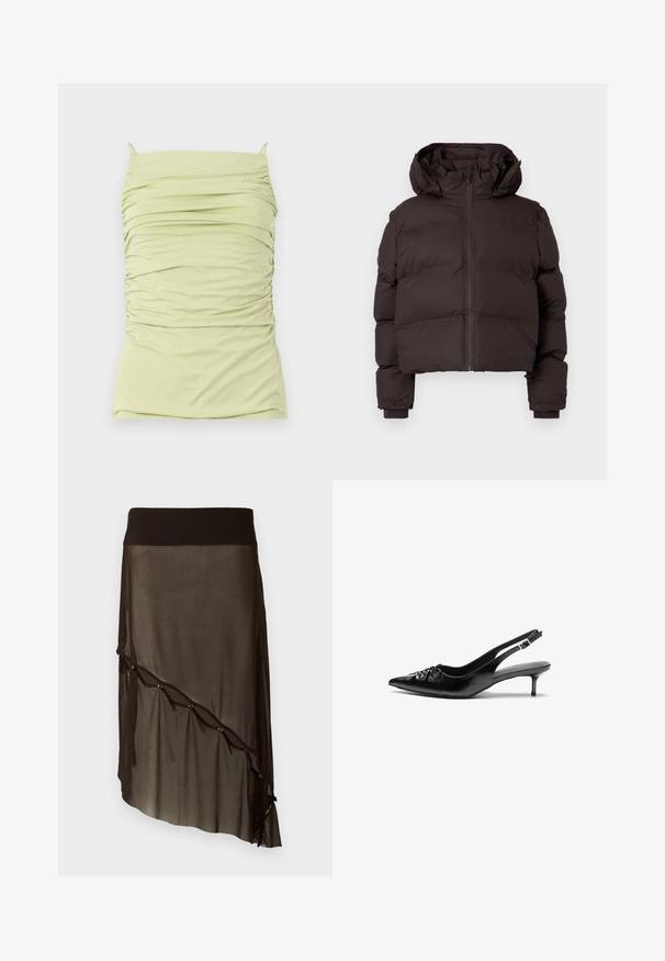 Dark brown padded winter jacket with hood, front zipper, and ribbed cuffs on a light gray background.; Ruched, light green tank top with thin straps. Made of soft, stretchy fabric. Features a fitted silhouette and textured design throughout.; Black mesh skirt with a fitted waistband, asymmetrical hem, decorative buttons along the front, and layered sheer texture.; Black leather slingback heels with a pointed toe, small kitten heel, and a decorative knot detail on the front. Smooth texture throughout.