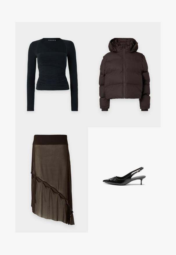 Dark brown padded winter jacket with hood, front zipper, and ribbed cuffs on a light gray background.; Black long-sleeve top made of soft fabric, featuring a fitted design with gathered detailing at the waist and contrasting seamless shoulder panels.; Black mesh skirt with a fitted waistband, asymmetrical hem, decorative buttons along the front, and layered sheer texture.; Black leather slingback heels with a pointed toe, small kitten heel, and a decorative knot detail on the front. Smooth texture throughout.
