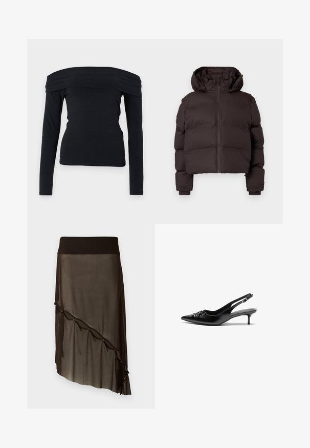 Tummanruskea vuorattu talvitakki hupulla, etuvetoketjulla ja ribbikädensuojilla vaaleanharmaata taustaa vasten.; Musta olkapäiltä avoin pitkähiha toppe, joka on valmistettu pehmeästä ja sileästä kankaasta; muotoiltu, jossa on leveä pääntie ja yksinkertainen muotoilu.; Mustat verkkohame, jossa on istuva vyötärö, epäsymmetrinen helma, koristeelliset napit edessä ja kerroksellinen läpikuultava rakenne.; Mustat nahkaiset slingback-korkokengät, joissa on terävä kärki, pieni kitten-korko ja koristeellinen solki edessä. Yksinkertainen pinta kauttaaltaan.