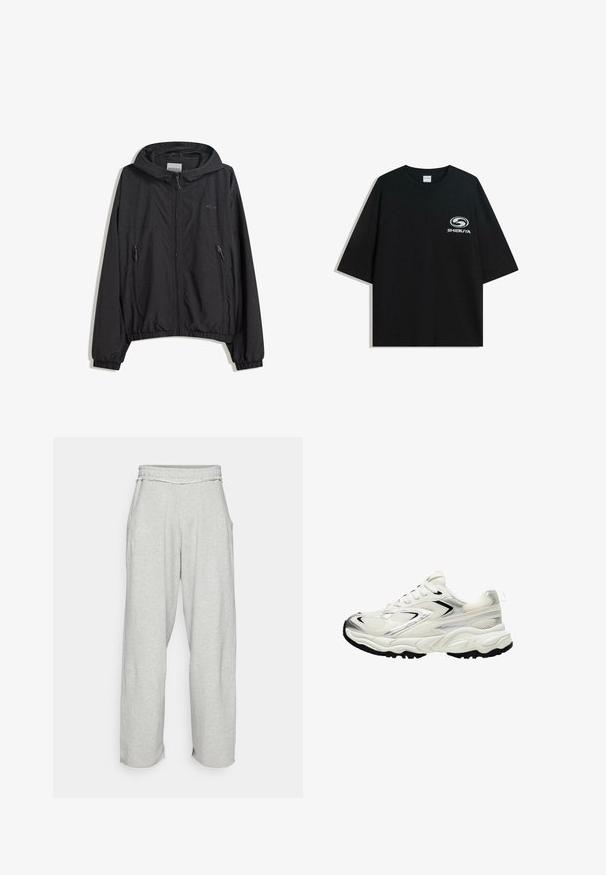 Črna lahka jakna s kapuco, z zadrgo, elastičnimi manšetami in dvema sprednjima žepoma. Gladka tekstura z minimalnimi detajli blagovne znamke.; Črna prevelika bombažna majica z okroglo ovratnico in kratkimi rokavi, z belim logotipom "Shibuya" natisnjenim spredaj.; Svetlo sivi široki dukserice s elastinom pojasom i bočnim džepovima. Mekan teksturiran materijal s izlizanim detaljima na otvorima nogavica.; Bele superge z mrežasto zgornjico, srebrnimi poudarki, črnim podplatom in teksturiranimi paneli. Imajo vezalni dizajn in okroglo obliko nosu.