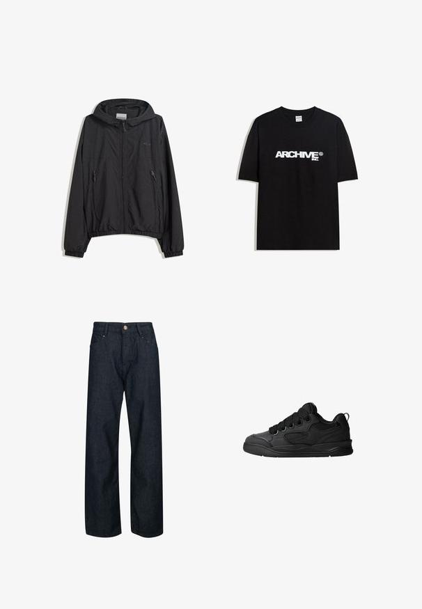 Black lightweight hooded jacket with zip closure, elastic cuffs, and two front pockets. Smooth texture with minimal branding detail.; Black cotton T-shirt featuring a white "ARCHIVE inc." logo across the chest, short sleeves, and a crew neckline.; Dark blue denim jeans with a straight fit, featuring a button closure, five pockets, and contrast stitching on the seams.; Black sneakers with a textured upper, featuring laces, mesh accents for breathability, padded collar, and a sturdy outsole.