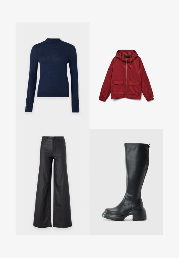 Red windbreaker jacket with a hood, zip front, elastic cuffs, and two front patch pockets. Smooth fabric with a matte finish.; Navy blue long-sleeve sweater featuring a high neck and button accents on the cuff, made from a textured, lightweight fabric.; Black, wide-leg pants in a faux leather material. Features a high waist, belt loops, two front pockets, and stitched detailing.; Tall black leather boot with chunky platform sole and block heel, featuring pull tab and textured tread on outsole.