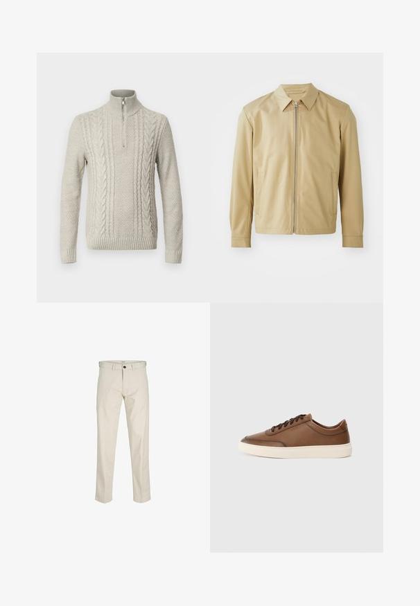 Bežinis lengvas džemperis su apykakle, priekyje užtrauktukas ir dvi šoninės kišenės. Lygus paviršius ir laisvas kirpimas.; Šviesiai pilkas megztinis su aukštu apykakle ir pusiau užtrauktuku. Yra tekstūruoti raštai su kabelių megzto audinio detalėmis ir raukšlėtomis rankovėmis.; Bežinės medvilninės kelnės su tiesiu siluetu, mygtukų užtrauktuku, priekinėmis kišenėmis ir siūlėmis. Lygus audinys, minimalus dekoravimas ir be raštų.; Rudos odinės sportinės bateliai su lygiu paviršiumi, raištukų užsegimu ir kontrastinga kreminės spalvos guma. Minimalus ženklinimas šone.