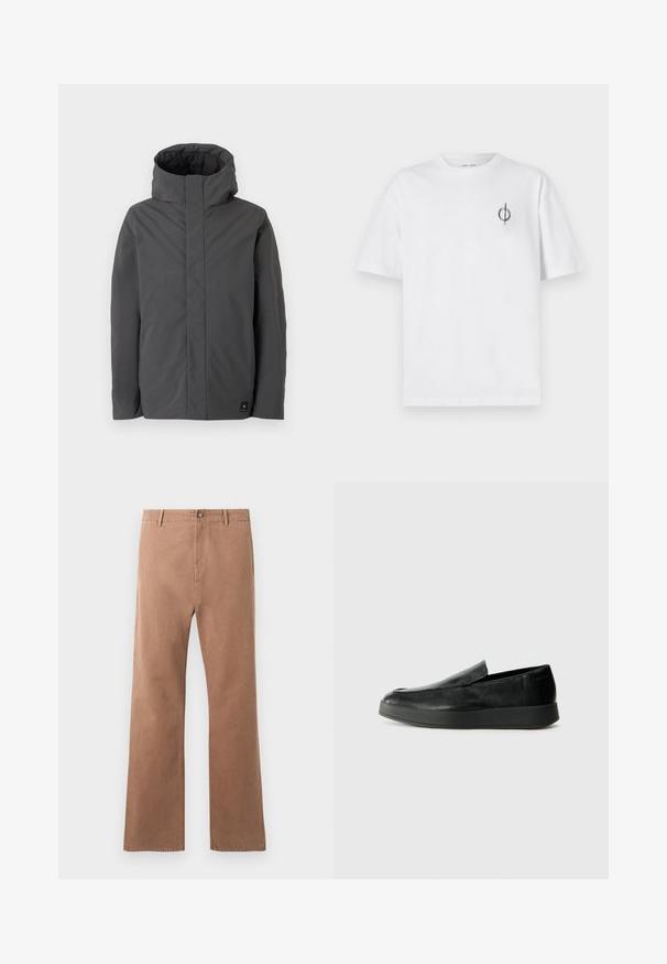 Giacca grigia di media lunghezza con colletto alto e design minimale. Presenta una texture liscia e un piccolo logo del marchio in basso a sinistra.; T-shirt in cotone bianco con vestibilità rilassata, presenta un piccolo logo grafico nero nella zona sinistra del petto. Maniche corte, collo a giro.; Pantaloni marroni a gamba dritta in cotone. Presentano una chiusura con bottone, tasche frontali e cuciture visibili lungo le cuciture.; Calvin Klein HYBRID CUP - Scarpe senza lacci - triple black