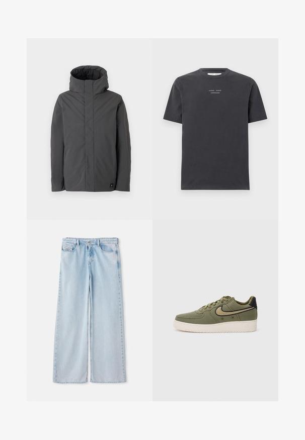 Jachetă gri, de lungime medie, cu guler înalt și un design minimalist. Prezintă o textură netedă și un mic logo al brandului în partea stângă jos.; Tricou din bumbac de culoare gri închis, cu mâneci scurte și guler rotund, având pe piept un text brodat alb "SAMSØE SAMSØE COPENHAGENA".; Blugi larg de culoare albastru deschis, cu un design clasic cu cinci buzunare, având un brâu standard și un tiv nefinisat. Textură moale de denim cu o ușoară decolorare.; Tenis cu pânză de culoare verde măsliniu, cu accente negre, având un design cu șireturi, guler căptușit și talpă texturată cu marcaj "AIR".
