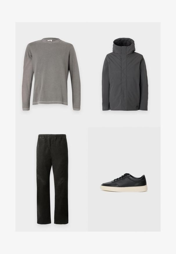 Grijze, middelgrote jas met een hoge kraag en een minimalistisch ontwerp. Kenmerkt zich door een gladde textuur en een klein merklogo aan de onderkant links.; Grijze lange mouwen t-shirt met een ronde hals, vervaardigd uit zacht katoen, met eenvoudige stiksels langs de zoom en manchetten.; Zwarte corduroy broek met een rechte pasvorm, voorzien van een elastische tailleband en twee zijzakken voor praktische doeleinden.; Zwarte leren sneaker met lage schacht, zwarte veters en off-white zool, weergegeven in zijprofiel op een witte achtergrond.