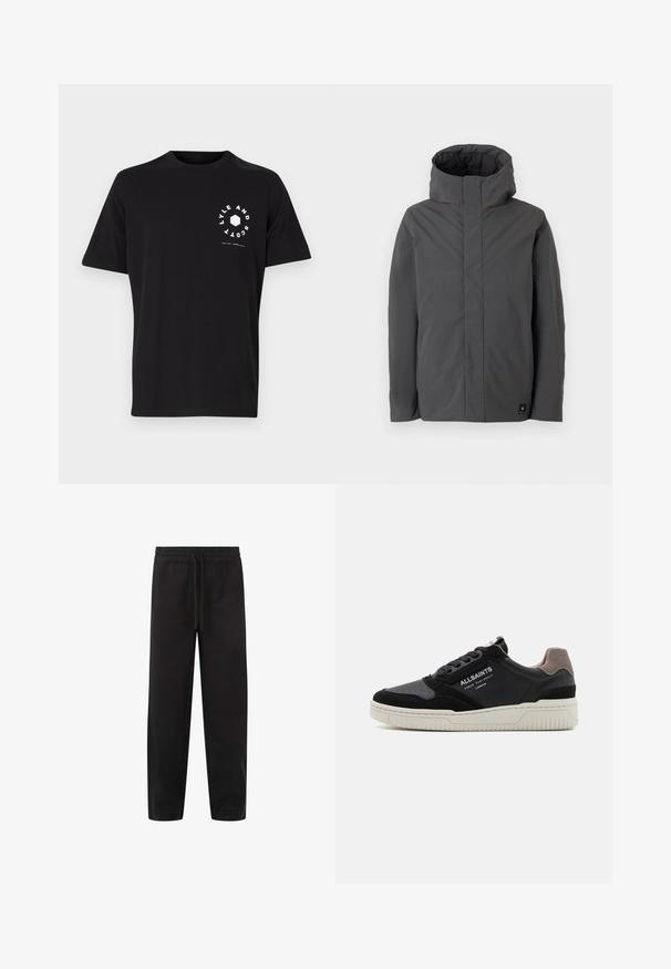 Jachetă gri, de lungime medie, cu guler înalt și un design minimalist. Prezintă o textură netedă și un mic logo al brandului în partea stângă jos.; Tricou din bumbac negru cu mâneci scurte. Are inscripții albe și un grafic în formă de hexagon pe partea stângă. Gât rotund, croi lejer.; Pantaloni negri de trening cu talie elastică și șnur, având un design cu picior drept și buzunare laterale, realizați dintr-un material moale.; Tenisi negri și gri, cu design joasă, combinații de piele și suede, având o talpă texturată, vârf rotund și accente cu logo.