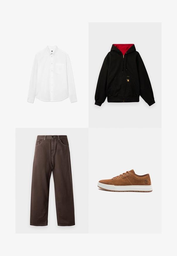 Sweatshirt preto com capuz e forro interior vermelho, fecho de zip na frente, dois bolsos laterais e um pequeno emblema no bolso esquerdo.; Camisa branca de manga longa com botão, colarinho, bolso frontal e uma textura sutil. A pala frontal apresenta botões e um pequeno detalhe de logótipo.; Calças largas castanhas feitas de algodão, com um desenho clássico de cinco bolsos, fecho zip e detalhes de costura visíveis.; Ténis de camurça castanho com sola de borracha branca, bico redondo, seis ilhós metálicos e detalhe de logotipo em relevo na lateral. Design clássico com atacadores.