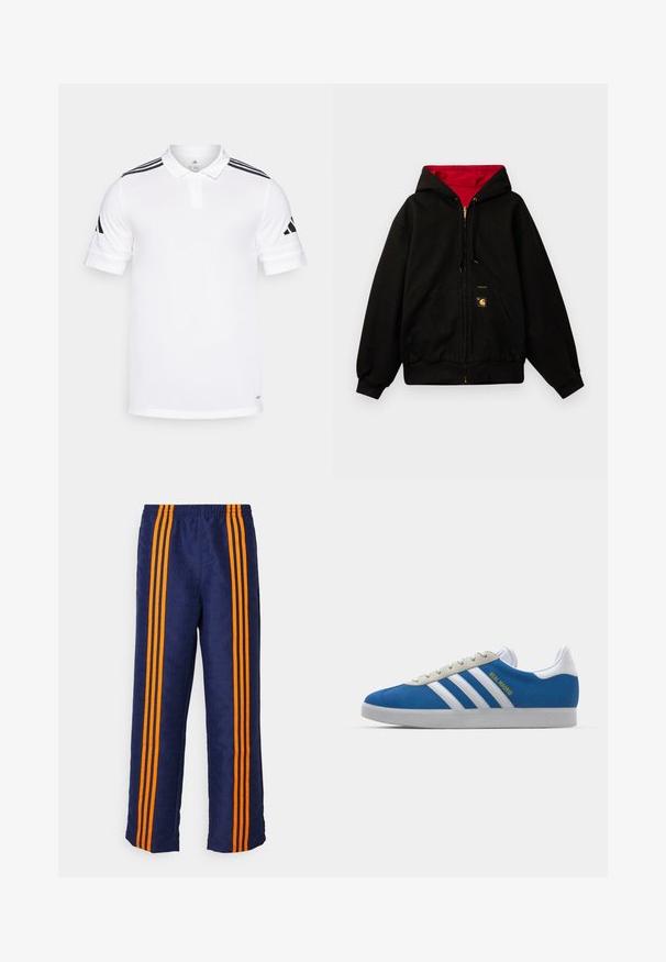 Must musta, millel on punane sisemine vooder, ees lukuga sulgemine, kaks külgtaskut ja väike logopatch vasakul taskul.; Valge polo särk, mis on valmistatud kergetest materjalidest, mustade triipudega õlgadel ja kahe nupuga kaeluses. Lühikesed varrukad mansettidega.; Tumesinised püksid, millel on kogu pinnal mustriline tekstuur ja igal küljel kolm julget oranži triipu. Ülal elastne vöökoht.; adidas Originals ADIDAS GAZELLE SHOES - Saalijalgpalli saapad - real madrid/bluebird/footwear white/crew yellow