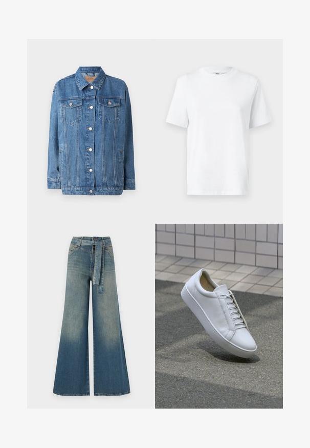 Modra traper jakna z gumbi na sprednji strani, dvema žepoma na prsih in koničastim ovratnikom. Ima rahlo obrabljen videz in srebrne okrasne dodatke.; Bela bombažna majica s kratkimi rokavi in krožnim izrezom. Zasnovana je z udobnim in prostornim krojem, ki omogoča vsestransko nošenje.; Široke jeans hlače z gradientom od svetlo do temno modre, visokim pasom, zankami za pas in pasom iz istega materiala. Tekstura denim končnica.; Bela usnjena teniska z okroglo konico, ravnim podplatom in šestimi pari lukenj za vezalke. Gladka tekstura in minimalističen dizajn s detajli šivanja.