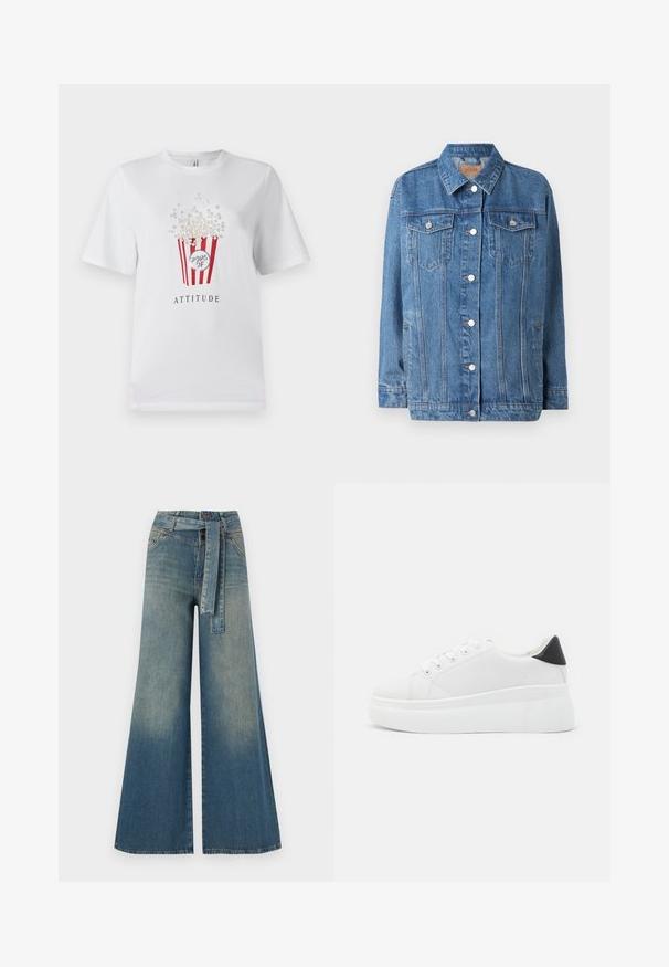 Blue denim jacket with a button-up front, two chest pockets, and a pointed collar. Features light distressing and silver hardware accents.; White T-shirt featuring a popcorn graphic in red and pearl accents, with the text "ATTITUDE" below. Short sleeves and a classic fit.; Wide-leg denim trousers featuring a light to dark blue gradient, high waist, belt loops, and a matching fabric belt. Textured denim finish.; White platform sneakers made of smooth synthetic material, featuring a rounded toe, lace-up design, and a textured rubber sole. Black heel accent.