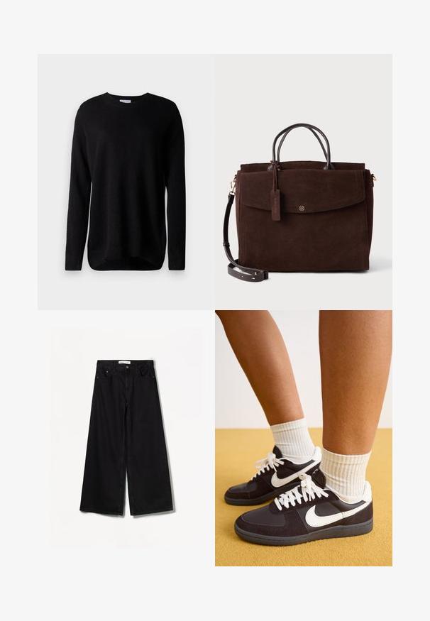 Smešani kaput od smeđe vune s izrezanim ovratnikom, širokim rukavima, prednjim džepovima i ravnim siluetom. Glatka tekstura.; Crna dukserica izrađena od mekanog materijala, sa dugim rukavima, okruglim izrezom i rebrastim manžetama. Jednostavan dizajn, bez uzoraka ili naglasaka.; Bershka WIDE-LEG - Široke nogavice - black; Crno-bijele Nike tenisice od antilopa i kože, s bijelim vezicama, uparene s rebrastim krem čarapama, na žutoj pozadini.; Smeđa semiš torba s dvostrukim gornjim ručkama, odvojivim remenom za rame, prednjim preklopom i oznakom koja označava "Prava koža". Akcenti od zlatne boje.