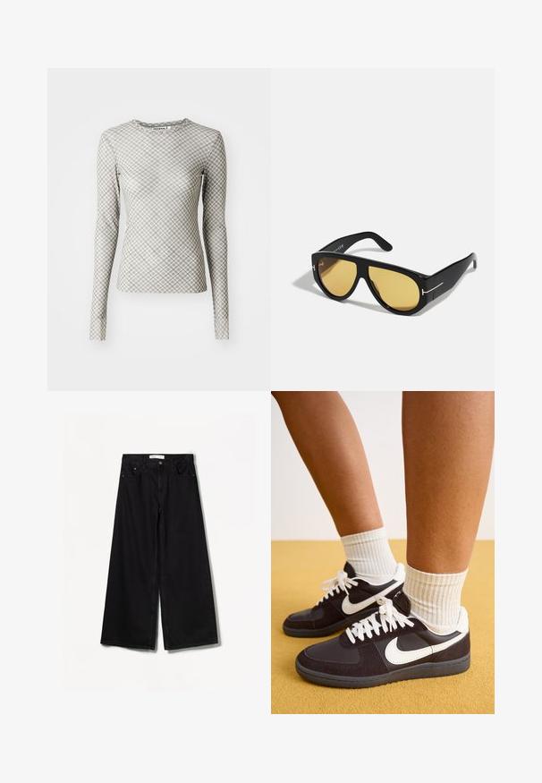 Cămașă din lână maro, cu guler tăiat, mâneci largi, buzunare frontale aplicate și o siluetă dreaptă. Textură netedă.; Tricou cu mânecă lungă, de culoare gri deschis, cu un model geometric în formă de diamant în nuanțe mai închise de gri și accente verzi, având un guler rotund și o formă ajustată.; Bershka WIDE-LEG - Wide leg - black; Adidași Nike alb-negru cu parte superioară din suede și piele, șireturi albe, purtați cu șosete crem cu dungi, pe un fundal galben.; Ochelari de soare negri cu un cadru geometric, lentile galbene și accente aurii pe temple. Textură netedă, formă largă, design contemporan.; Geantă din suede maro, cu două mânere superioare, curea de umăr detașabilă, clapetă frontală și un etichetă care indică "Piele adevărată". Accente din material metalic de culoare aurie.