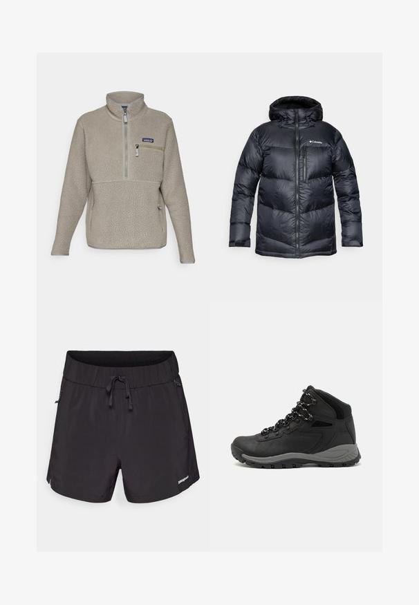 Svart isolert pufferjakke med hette, med glidelås foran, lett materiale og kviltet design med horisontale seksjoner.; Lys taupe fleecejakke med høy krage, halv glidelås foran og en glidelåslomme på brystet. Har teksturert stoff og kontrasterende grå detaljer.; Sorte svømmedrakter laget av lett materiale, med elastisk midje, snøring og sidelommer for funksjonalitet.; Sorte turstøvler med mid-topp design, som har en teksturert overdel, grå detaljer og slitesterk gummisåle med godt grep.