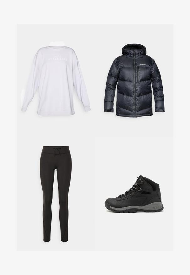Sort isoleret pufferjakke med hætte, med lynlås foran, letvægtsmateriale og quiltet design med horisontale sektioner.; Hvid oversized sweatshirt med lange ærmer, rund halsudskæring og trykt "ATHLEISURE" tekst i diskret grå over brystet. Blød stofstruktur.; Sorte leggings med høj talje, snøre, glat tekstur og tætsiddende design. Har syningsdetaljer langs siderne.; Sort vandrestøvle med en mellem-højde design, der har en tekstureret overdel, grå detaljer og en holdbar gummisål med skridsikre klodser.