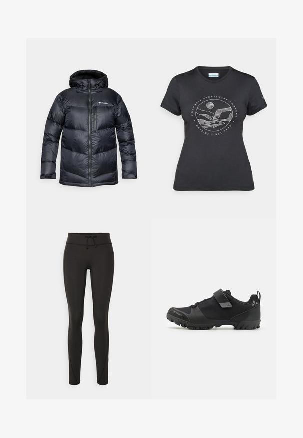 Jachetă puffer izolată de culoare neagră, cu glugă, având un sistem de închidere cu fermoar, material ușor și un design matlasat cu secțiuni orizontale.; Tricou negru Columbia cu artă liniară albă circulară reprezentând munți și un râu, împreună cu textul "Columbia Sportswear Company Afară din 1938."; Leggings negre cu talie înaltă, șnur, textură netedă și design ajustat. Prezintă detalii de cusături de-a lungul laturilor.; Sandal exterior negru, cu un superior din plasă texturată, talpă din cauciuc și curea ajustabilă. Dispune de un design robust pentru tracțiune și susținere.