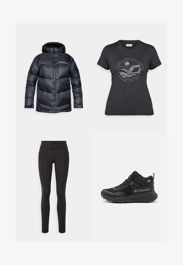Černá zateplená bunda s kapucí, s předním zipem, vyrobená z lehkého materiálu a s prošívaným designem s horizontálními sekcemi.; Černé tričko Columbia s bílým kruhovým uměleckým ztvárněním hor a řeky a textem "Columbia Sportswear Company Outside Since 1938."; Černé legíny s vysokým pasem, šnůrkou, hladkým povrchem a přiléhavým střihem. Obsahují švy podél stran.; Columbia KONOS™ TRS OUTDRY™ MID - Trekingové boty - black/shark