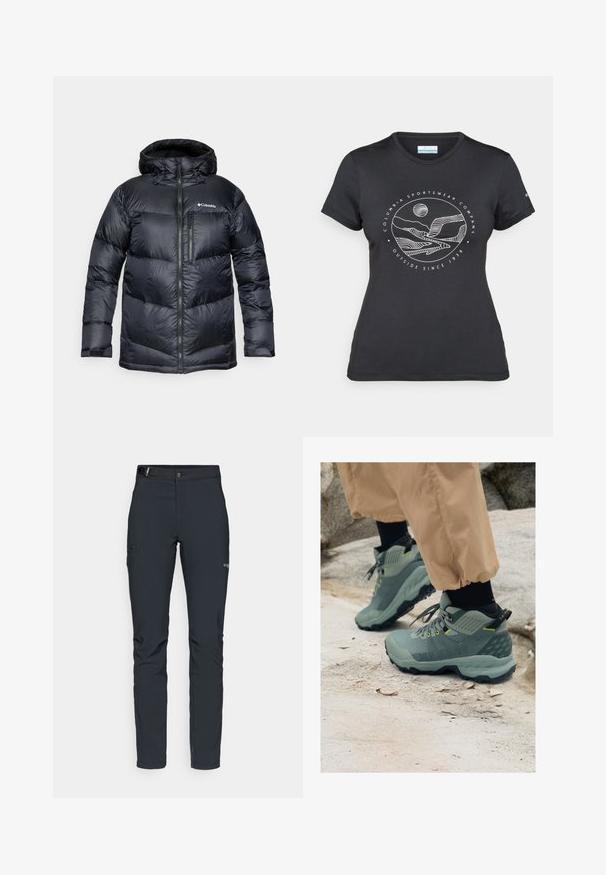 Svart isolerad puffjacka med huva, som har dragkedja fram, lätt material och quiltad design med horisontella sektioner.; Svart Columbia-t-shirt med vit cirkulär linjekonst av berg och flod samt texten "Columbia Sportswear Company Outside Since 1938."; Herrernas utomhusbyxor, mörkgrå, tillverkade av flexibelt material, med ett bälte, zip-fickor och förstärkt sömnad.; Mammut utomhusskor i dämpad grön med texturera ovansida, gula accenter och robust svart sula. Hållbar design för utomhusaktiviteter.