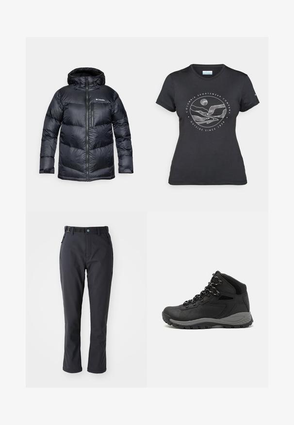 Crna izolirana puffer jakna s kapuljačom, s prednjim zatvaračem, laganim materijalom i ušivenim dizajnom s horizontalnim segmentima.; Crna Columbia majica s bijelim kružnim crtežom planine i rijeke te natpisom "Columbia Sportswear Company Outside Since 1938."; Columbia LEADER CREST™ PANT - Hlače za otvoreno - black; Crne planinarske čizme s dizajnom srednjeg vrha, sa teksturiranim gornjim dijelom, sivim akcentima i izdržljivom gumom potplatom s uzorkom za prianjanje.