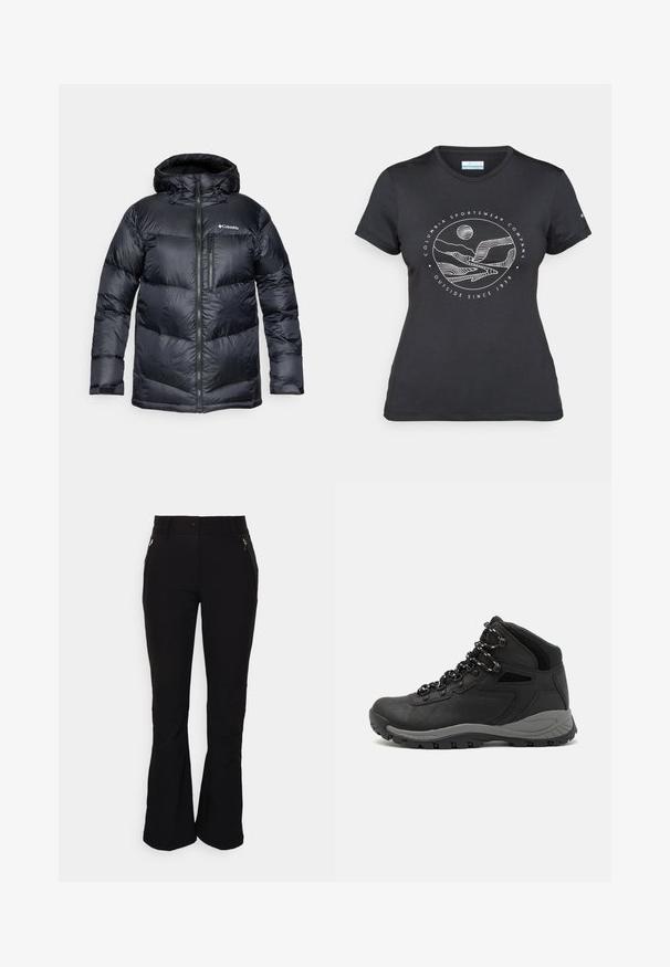 Fekete, kapucnis, szigetelt puffermellény, elülső cipzárral, könnyű anyagból készült, steppelt dizájnnal, vízszintes szakaszokkal.; Fekete Columbia póló fehér, kör alakú hegy és folyó vonalrajzzal, valamint a "Columbia Sportswear Company Outside Since 1938" felirattal.; Fekete nadrág, deréknál karcsúsított, elülső részén két cipzáros zsebbel és harangszárakkal. Simább, rugalmas anyag, finom varrással.; Fekete túracipő közepes magasságú kialakítással, texturált felsőrésszel, szürke részletekkel és strapabíró gumitalppal, amelynek tapadós kiemelkedései vannak.