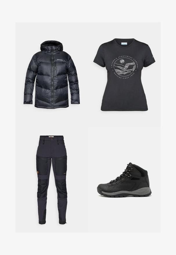 Mustapintainen eristyspufferitakki hupulla, jossa on vetoketjukiinnitys, kevyestä materiaalista valmistettu ja vaakasuorilla osioilla varustettu tikattu muotoilu.; Musta Columbia T-paita, jossa on valkoinen ympyrämuotoinen vuori- ja joki-viivataide sekä teksti "Columbia Sportswear Company Ulkona vuodesta 1938."; Tummanharmaat housut, joissa on mustia vahvistettuja paikkoja. Ominaisuuksiin kuuluvat vetoketjulliset taskut, muotoiltu malli ja kestävä kankaan rakenne.; Musta vaelluskenkä, jossa on puolivartinen muotoilu, jolle on ominaista teksturoitu päällinen, harmaat yksityiskohdat ja kestävä kumipohja, jossa on pitoita lisääviä lukuja.