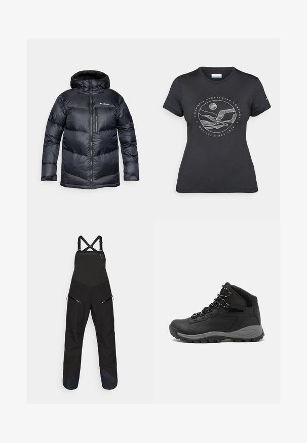 Juodas izoliuotas pūkinis džemperis su kapišonu, su užtrauktuku priekyje, lengvos medžiagos, siuvinėtas dizainas su horizontaliais skyrių.; Juodas "Columbia" marškinėliai su balta apskrita kalnų ir upės linijų grafika bei tekstu "Columbia Sportswear Company Lauke nuo 1938 metų."; Juodi slidinėjimo kombinezonai su aptempta viršutine dalimi ir laisvomis kelnėmis. Yra reguliuojamos petnešos, šoninės kišenės su užtrauktukais ir tamsesnė kontrastinga medžiaga prie čiurnų.; Juodas žygio botas su vidutinio aukščio dizainu, pasižymintis tekstūruota viršutine dalimi, pilkų akcentų ir patvaria guma padanga su sukibimo gumbais.