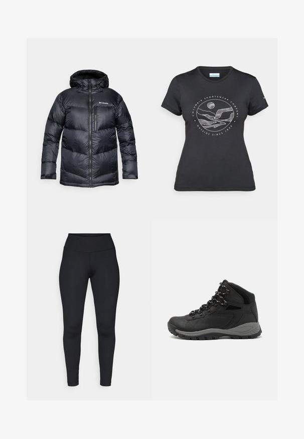 Čierna zateplená puffer bunda s kapucňou, so zipsom vpredu, vyrobená z ľahkého materiálu, s prešívaným dizajnom a horizontálnymi sekciami.; Čierne tričko Columbia s bielou kruhovou grafikou hory a rieky a textom "Columbia Sportswear Company vonku od roku 1938."; Čierne legíny vyrobené z elastickej tkaniny, s vysokým pásom, hladkou textúrou a čistými švami bez viditeľných vzorov alebo kovania.; Čierna turistická obuv s polovičným strihom, s textúrovaným zvrškom, šedými akcentmi a odolnou gumovou podrážkou s protišmykovými hrebienkami.