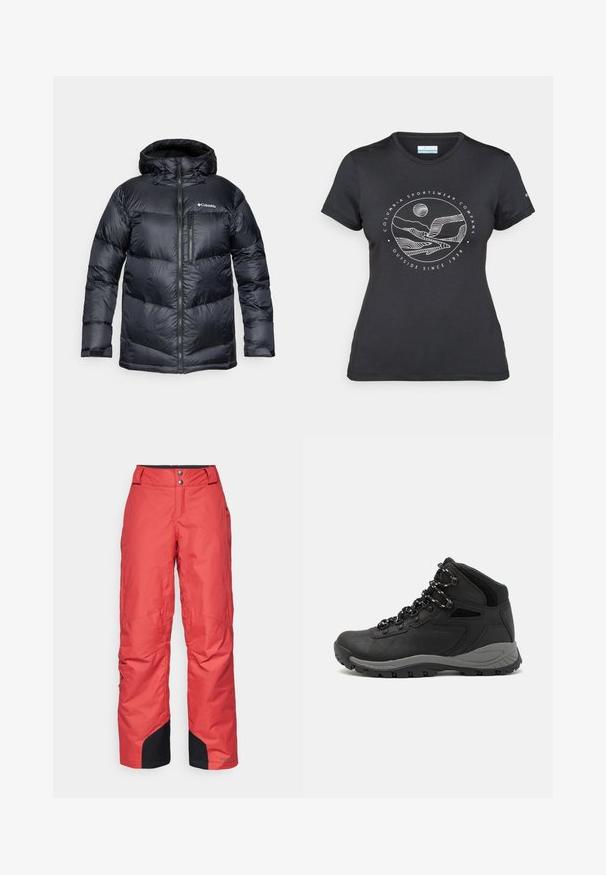 Mustad musta isoleeritud puffjakki kapuutsiga, millel on ees lukuga kinnitamine, kerge materjal ja tikitud disain horisontaalsete sektsioonidega.; Musternine Columbia T-särk mustas värvuses, millel on valge ümmargune mägi ja jõe joonistus ning tekst "Columbia Sportswear Company Outside Since 1938."; Punased lumepüksid sileda tekstuuriga, laia jala disainiga ja mustade aktsentidega sääreotsadel. Üksikasjalikult kinnitatud kahe nööbi abil vööl.; Mustarjaline matkasaabas, millel on keskmine disain, tekstuuriga ülemine osa, hallid aktsendid ja vastupidav kummist põhi, millel on haardelugesid.