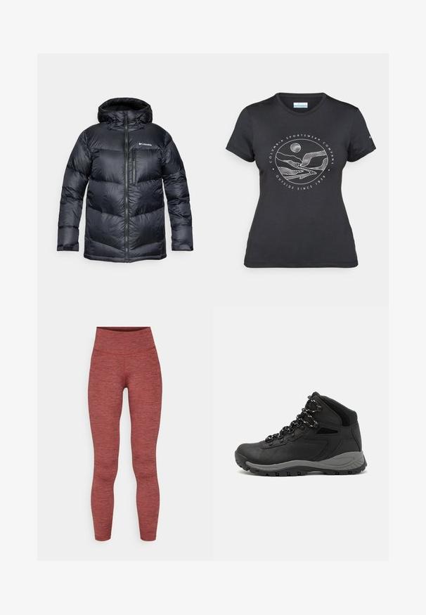 Giacca a vento nera isolata con cappuccio, dotata di zip frontale, materiale leggero e design trapuntato con sezioni orizzontali.; Maglietta nera Columbia con arte lineare bianca di una montagna circolare e un fiume, e il testo "Columbia Sportswear Company Outside Since 1938."; Leggings a vita alta in tessuto testurizzato color bordeaux. Presentano un design senza cuciture con una silhouette aderente e senza hardware visibile.; Stivale da trekking nero con design a metà altezza, dotato di una tomaia texturizzata, accenti grigi e suola in gomma resistente con tasselli per la trazione.
