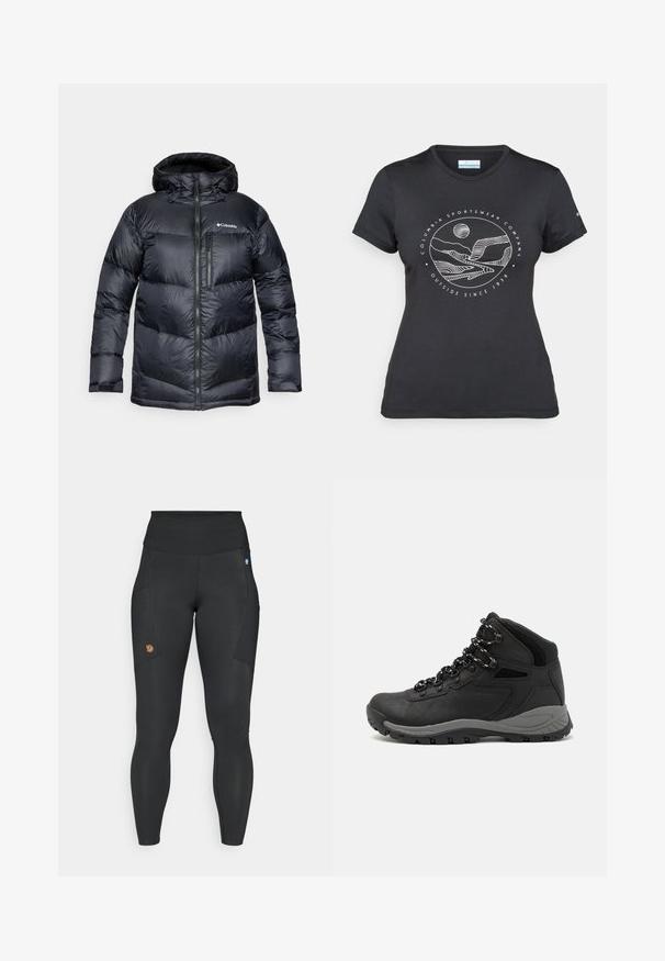 Sort isoleret pufferjakke med hætte, med lynlås foran, letvægtsmateriale og quiltet design med horisontale sektioner.; Sort Columbia t-shirt med hvid cirkulær bjerg- og flodlinjekunst samt teksten "Columbia Sportswear Company Udenfor Siden 1938."; Sorte leggings lavet af strækbart materiale med en høj talje, sidelommer og et lille brunt logo-patch på venstre lår.; Sort vandrestøvle med en mellem-højde design, der har en tekstureret overdel, grå detaljer og en holdbar gummisål med skridsikre klodser.