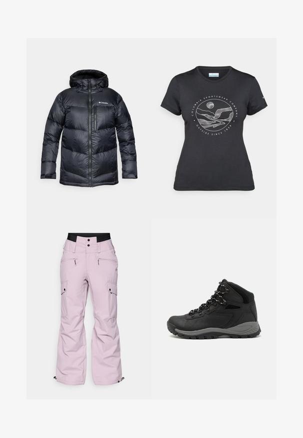 Veste matelassée noire isolante avec capuche, dotée d'une fermeture éclair à l'avant, d'un matériau léger et d'un design matelassé avec des sections horizontales.; T-shirt noir Columbia avec un dessin linéaire blanc de montagne et de rivière en cercle et le texte "Columbia Sportswear Company À l'extérieur depuis 1938."; Pantalons de neige roses avec une coupe décontractée, comportant plusieurs poches, une large taille, des accents de fermeture éclair et des poignets élastiques aux chevilles.; Botte de randonnée noire au design mi-haut, avec un dessus texturé, des accents gris et une semelle en caoutchouc durable avec des crampons de traction.