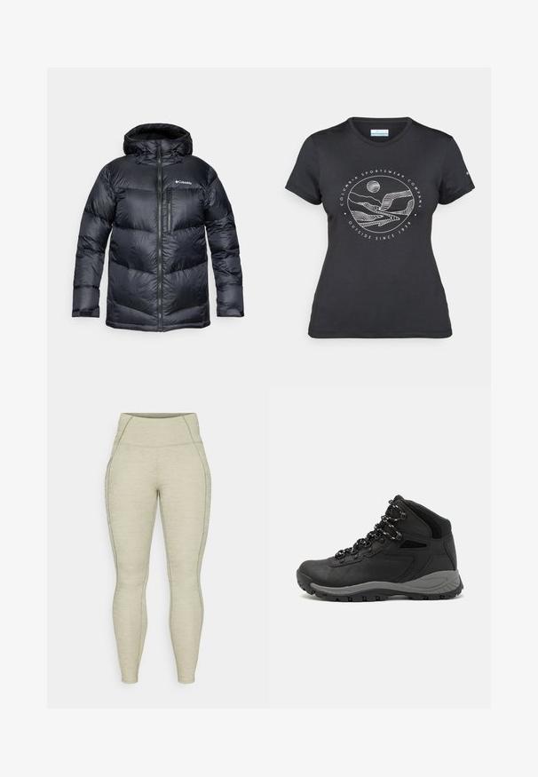 Czarna, ocieplana kurtka puchowa z kapturem, posiadająca zamek z przodu, lekkie materiały oraz pikowany wzór z poziomymi sekcjami.; Czarny t-shirt Columbia z białą okrągłą grafiką gór i rzeki oraz napisem "Columbia Sportswear Company Outside Since 1938."; Jasnoszare legginsy sportowe z wysokim stanem, o fakturowanym materiale, gładkim szwie i detalach kieszeni bocznych. Dopasowany krój w całej długości.; Czarne buty trekkingowe z średnim cholewem, z teksturowaną cholewą, szarymi akcentami oraz trwałą gumową podeszwą z wypustkami zapewniającymi przyczepność.
