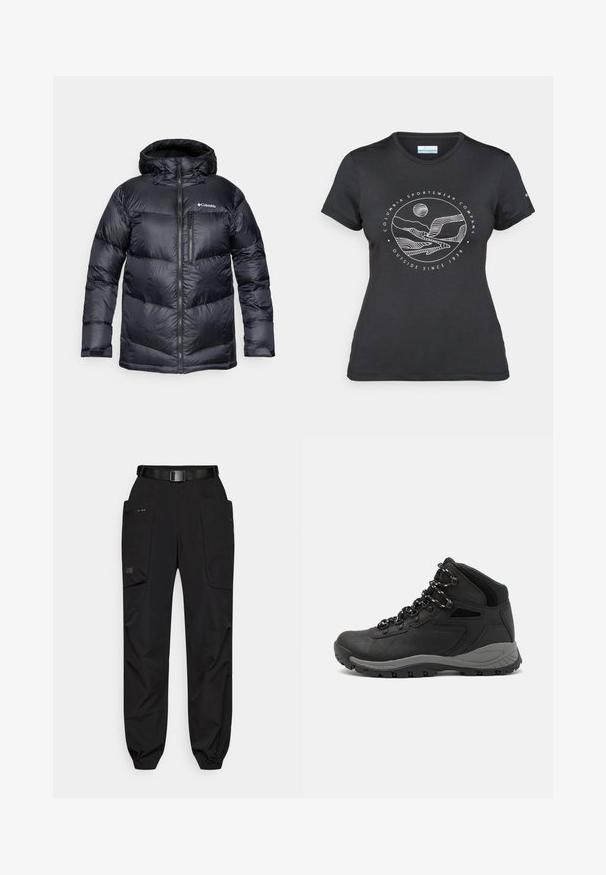 Mustad musta isoleeritud puffjakki kapuutsiga, millel on ees lukuga kinnitamine, kerge materjal ja tikitud disain horisontaalsete sektsioonidega.; Musternine Columbia T-särk mustas värvuses, millel on valge ümmargune mägi ja jõe joonistus ning tekst "Columbia Sportswear Company Outside Since 1938."; Mustad mustad püksid elastsete sääretutudega, mitme taskuga, vööga ja siledast, kergelt tekstuuritud kangast. Omab lukuga külgtaskut.; Mustarjaline matkasaabas, millel on keskmine disain, tekstuuriga ülemine osa, hallid aktsendid ja vastupidav kummist põhi, millel on haardelugesid.