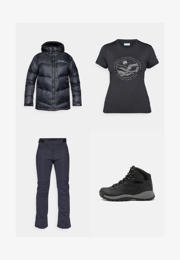 Black insulated puffer jacket with a hood, featuring a zip front, lightweight material, and quilted design with horizontal sections.; Black Columbia t-shirt with white circular mountain and river line art and text "Columbia Sportswear Company Outside Since 1938."; Navy ski pants made of stretchy fabric with a high waistband, zippered pockets, and padded knee accents for enhanced protection.; Black hiking boot with a mid-top design, featuring a textured upper, gray accents, and durable rubber sole with traction lugs.