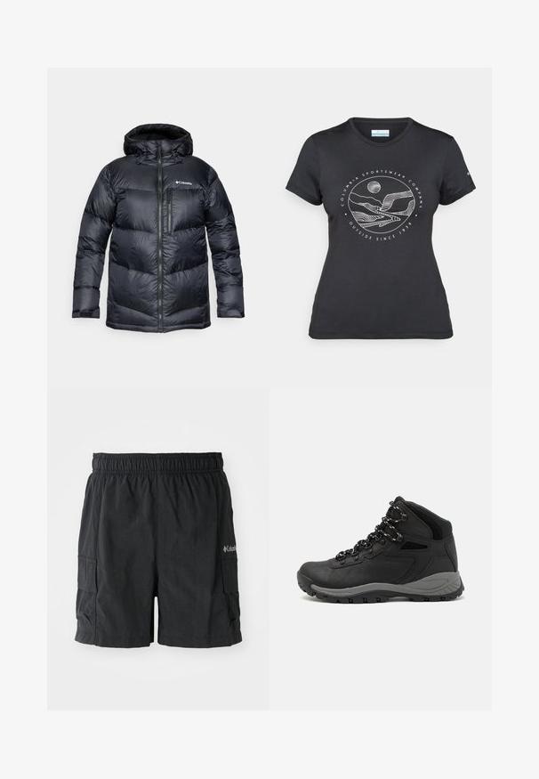 Fekete, kapucnis, szigetelt puffermellény, elülső cipzárral, könnyű anyagból készült, steppelt dizájnnal, vízszintes szakaszokkal.; Fekete Columbia póló fehér, kör alakú hegy és folyó vonalrajzzal, valamint a "Columbia Sportswear Company Outside Since 1938" felirattal.; Fekete cargo rövidnadrág könnyű anyagból, rugalmas derékkal, oldalsó zsebekkel és logóval a jobb alsó oldalon.; Fekete túracipő közepes magasságú kialakítással, texturált felsőrésszel, szürke részletekkel és strapabíró gumitalppal, amelynek tapadós kiemelkedései vannak.
