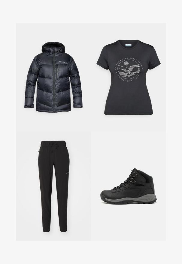 Casaco puffer isolado preto com capuz, apresentando um fecho de correr na frente, material leve e design acolchoado com secções horizontais.; T-shirt preto da Columbia com arte em linha branca circular representando montanhas e rios, e o texto "Columbia Sportswear Company Outside Since 1938."; Calças de jogging pretas com um cós elástico, cordão ajustável e pockets laterais com fecho. Tecido macio e leve com pernas ajustadas.; Bota de caminhada preta com design de cano médio, apresentando um upper texturizado, detalhes cinzentos e sola de borracha durável com cravos de tração.