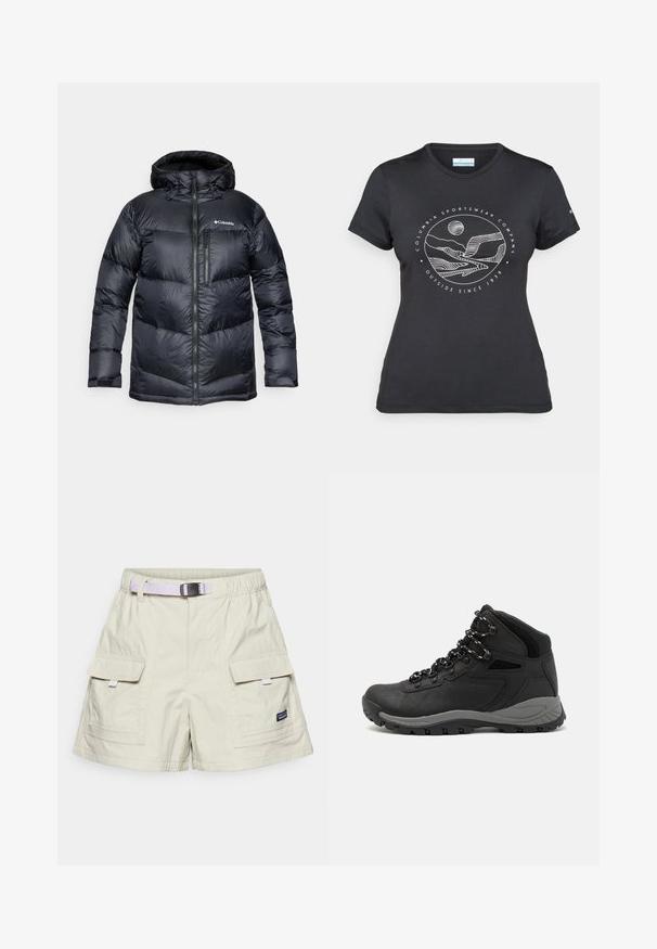 Svart isolerad puffjacka med huva, som har dragkedja fram, lätt material och quiltad design med horisontella sektioner.; Svart Columbia-t-shirt med vit cirkulär linjekonst av berg och flod samt texten "Columbia Sportswear Company Outside Since 1938."; Beiga shorts tillverkade av lättviktsmaterial, med en elastisk midja, justerbart bälte i lavendelfärg och två cargo-fickor framtill.; Svart vandringskänga med mellanhög design, som har en texturerad överdel, grå accenter och en slitstark gummisula med greppklackar.