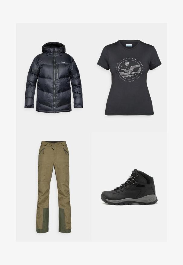 Mustapintainen eristyspufferitakki hupulla, jossa on vetoketjukiinnitys, kevyestä materiaalista valmistettu ja vaakasuorilla osioilla varustettu tikattu muotoilu.; Musta Columbia T-paita, jossa on valkoinen ympyrämuotoinen vuori- ja joki-viivataide sekä teksti "Columbia Sportswear Company Ulkona vuodesta 1938."; Oliivinvihreät ulkoiluhousut, joissa on vetoketjulliset taskut, nappihakemus, tummemmanvihreä kuitu alemmassa lahkeessa kestävyyskäyttöön.; Musta vaelluskenkä, jossa on puolivartinen muotoilu, jolle on ominaista teksturoitu päällinen, harmaat yksityiskohdat ja kestävä kumipohja, jossa on pitoita lisääviä lukuja.