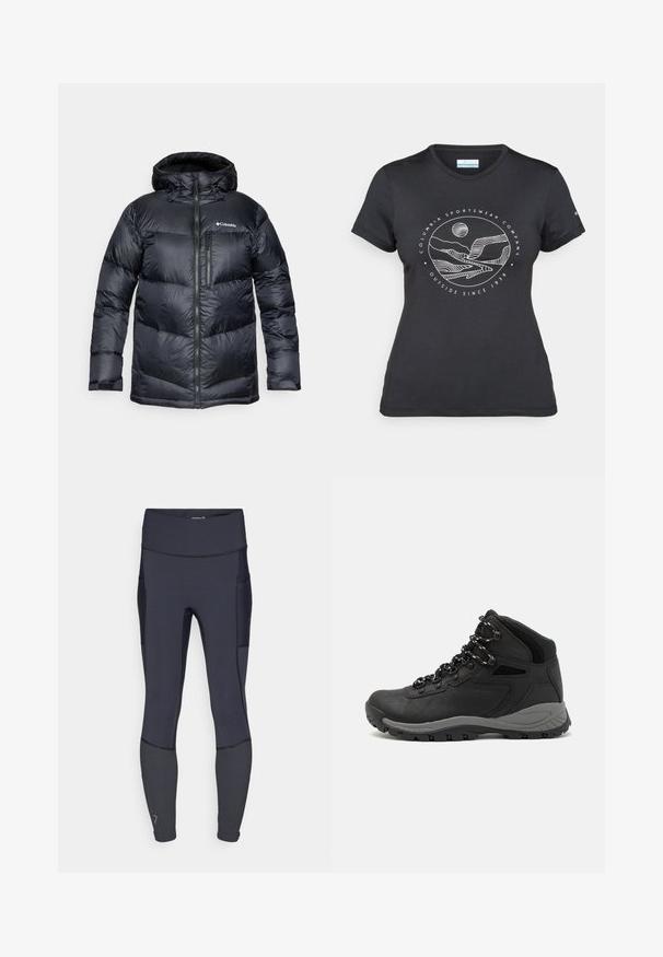 Giacca a vento nera isolata con cappuccio, dotata di zip frontale, materiale leggero e design trapuntato con sezioni orizzontali.; Maglietta nera Columbia con arte lineare bianca di una montagna circolare e un fiume, e il testo "Columbia Sportswear Company Outside Since 1938."; Leggings sportivi blu navy realizzati in materiale elastico, con vita alta, tasca laterale e cuciture a contrasto. Texture liscia.; Stivale da trekking nero con design a metà altezza, dotato di una tomaia texturizzata, accenti grigi e suola in gomma resistente con tasselli per la trazione.