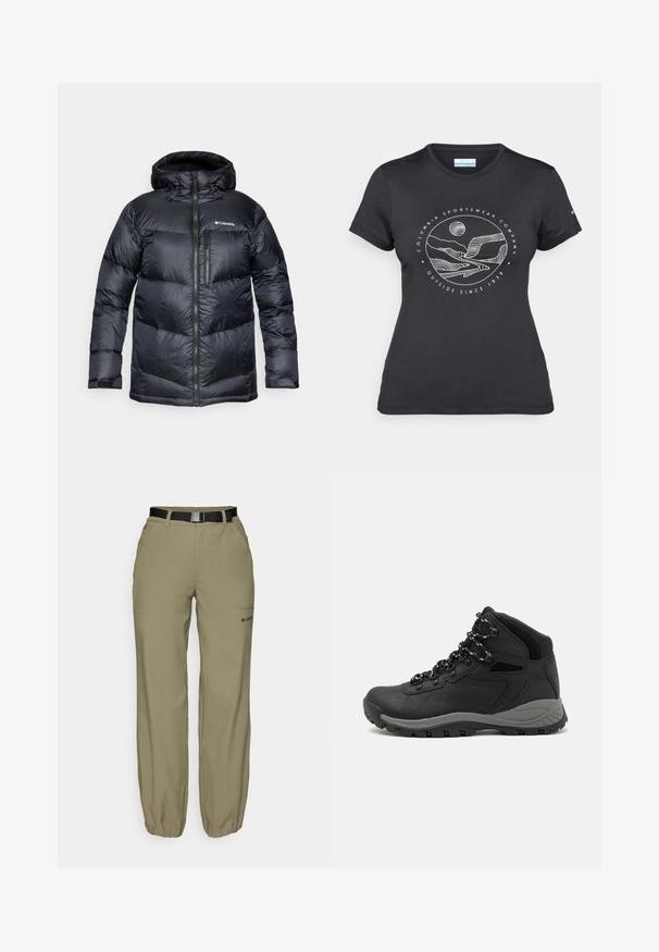 Casaco puffer isolado preto com capuz, apresentando um fecho de correr na frente, material leve e design acolchoado com secções horizontais.; T-shirt preto da Columbia com arte em linha branca circular representando montanhas e rios, e o texto "Columbia Sportswear Company Outside Since 1938."; Calças de exterior bege com punhos elásticos, bolsos frontais e um cinto preto. Apresenta um logótipo discreto junto ao bolso inferior.; Bota de caminhada preta com design de cano médio, apresentando um upper texturizado, detalhes cinzentos e sola de borracha durável com cravos de tração.