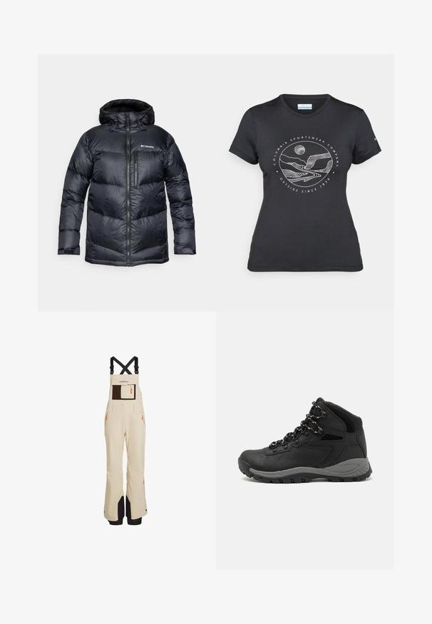 Black insulated puffer jacket with a hood, featuring a zip front, lightweight material, and quilted design with horizontal sections.; Black Columbia t-shirt with white circular mountain and river line art and text "Columbia Sportswear Company Outside Since 1938."; Beige snow pants with adjustable black straps, featuring a large brown chest pocket, zippered side pockets, and black lower accents.; Black hiking boot with a mid-top design, featuring a textured upper, gray accents, and durable rubber sole with traction lugs.