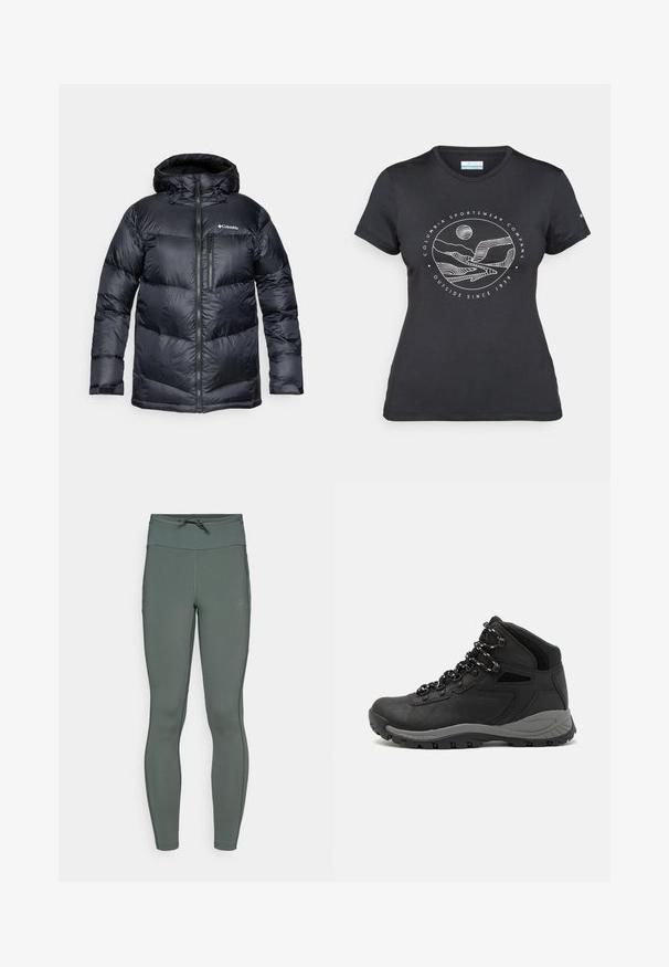 Mustapintainen eristyspufferitakki hupulla, jossa on vetoketjukiinnitys, kevyestä materiaalista valmistettu ja vaakasuorilla osioilla varustettu tikattu muotoilu.; Musta Columbia T-paita, jossa on valkoinen ympyrämuotoinen vuori- ja joki-viivataide sekä teksti "Columbia Sportswear Company Ulkona vuodesta 1938."; Leggings korkealla vyötäröllä, hillityn vihreässä värissä, valmistettu joustavasta kankaasta, jossa on sileä pinta ja tasaiset saumat; ominaisuutena naru vyötäröllä.; Musta vaelluskenkä, jossa on puolivartinen muotoilu, jolle on ominaista teksturoitu päällinen, harmaat yksityiskohdat ja kestävä kumipohja, jossa on pitoita lisääviä lukuja.