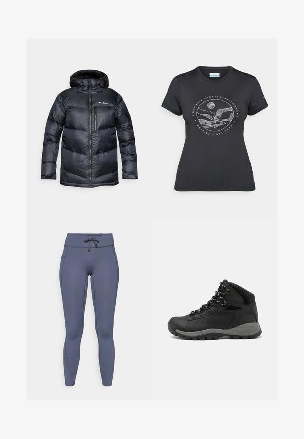 Fekete, kapucnis, szigetelt puffermellény, elülső cipzárral, könnyű anyagból készült, steppelt dizájnnal, vízszintes szakaszokkal.; Fekete Columbia póló fehér, kör alakú hegy és folyó vonalrajzzal, valamint a "Columbia Sportswear Company Outside Since 1938" felirattal.; Sötét kőszürke színű, magas derekú leggings, rugalmas anyagból készült. Zsinóros derék, oldalsó zsebek és kontrasztos varrás jellemzi.; Fekete túracipő közepes magasságú kialakítással, texturált felsőrésszel, szürke részletekkel és strapabíró gumitalppal, amelynek tapadós kiemelkedései vannak.