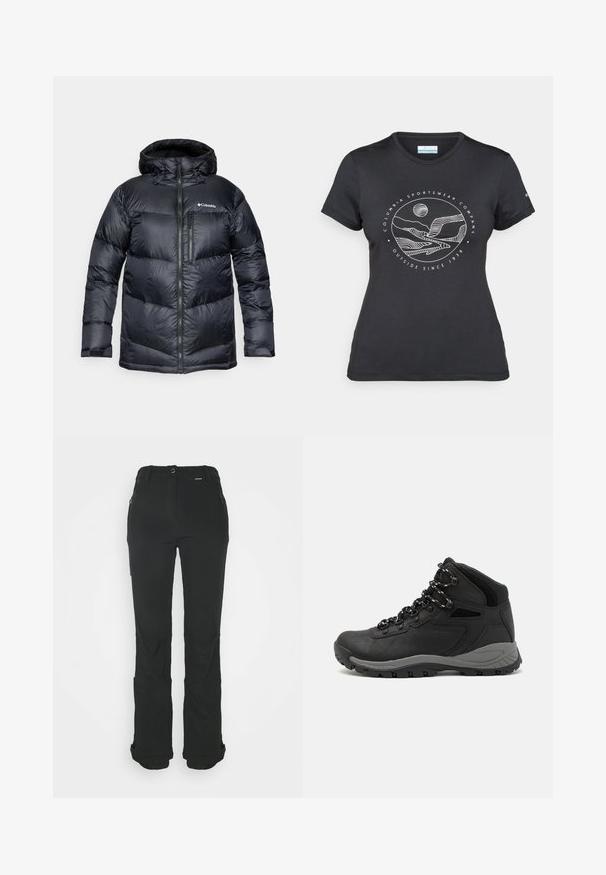 Černá zateplená bunda s kapucí, s předním zipem, vyrobená z lehkého materiálu a s prošívaným designem s horizontálními sekcemi.; Černé tričko Columbia s bílým kruhovým uměleckým ztvárněním hor a řeky a textem "Columbia Sportswear Company Outside Since 1938."; Černé kalhoty vyrobené z elastického materiálu, s úzkým střihem, plochým pasem, zipovými kapsami a elastickými manžetami u kotníků.; Černé turistické boty s mírně vyšším střihem, které mají texturovaný svršek, šedé detaily a odolnou gumovou podrážku s trakčními výstupky.