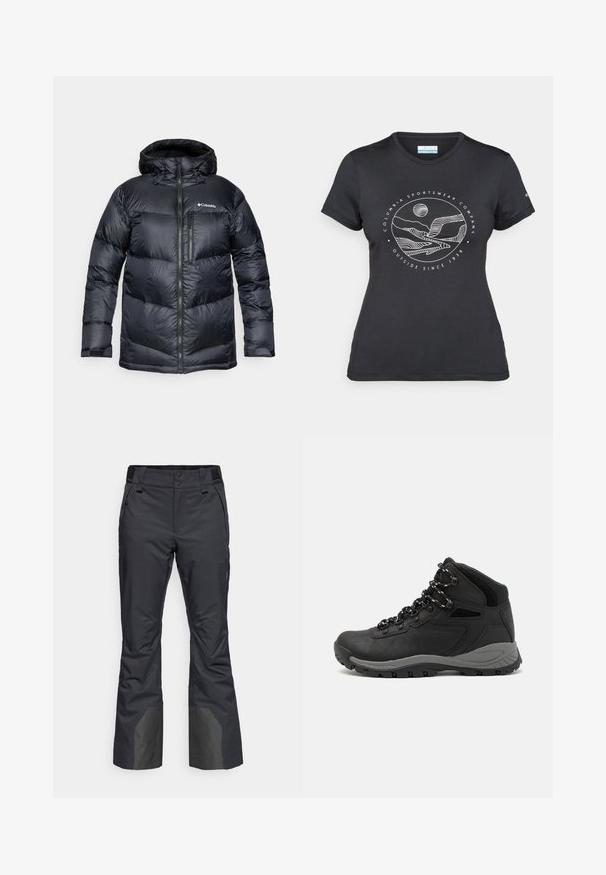 Casaco puffer isolado preto com capuz, apresentando um fecho de correr na frente, material leve e design acolchoado com secções horizontais.; T-shirt preto da Columbia com arte em linha branca circular representando montanhas e rios, e o texto "Columbia Sportswear Company Outside Since 1938."; Calças de neve pretas feitas de material durável, com um design de perna reta, bolsos inseridos e painéis inferiores reforçados para proteção adicional.; Bota de caminhada preta com design de cano médio, apresentando um upper texturizado, detalhes cinzentos e sola de borracha durável com cravos de tração.