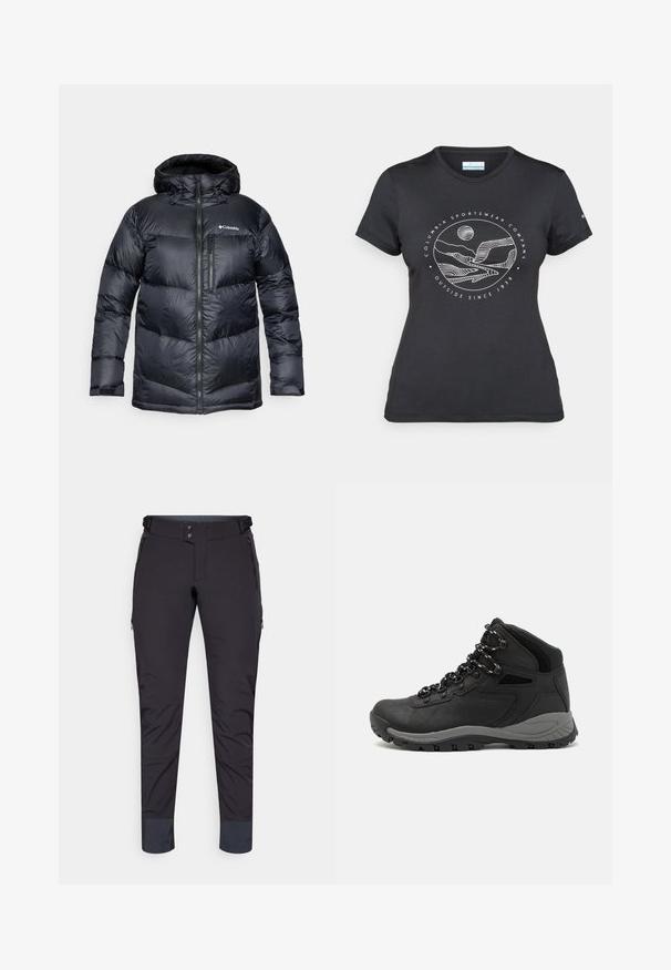 Zwarte geïsoleerde donsjas met capuchon, met een ritssluiting aan de voorkant, van lichtgewicht materiaal en een gestikt ontwerp met horizontale secties.; Zwarte Columbia t-shirt met witte cirkelvormige lijntekening van bergen en een rivier en de tekst "Columbia Sportswear Company Outside Since 1938."; Zwarte technische broek met een gladde textuur, ritszakken en een taps toelopende pijp. Voorzien van een dubbele knoopsluiting en versterkte boorden.; Zwarte wandelschoen met een mid-top ontwerp, voorzien van een gestructureerde bovenkant, grijze accenten en een duurzame rubberen zool met gripnoppen.